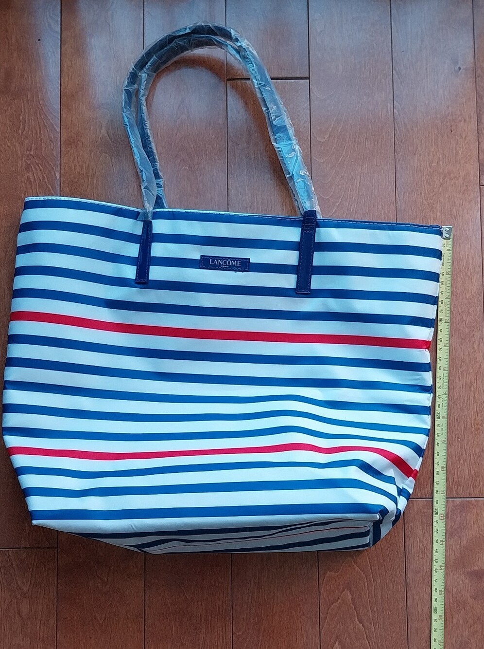 Striped Navy & White Tote Bag with Red Accent